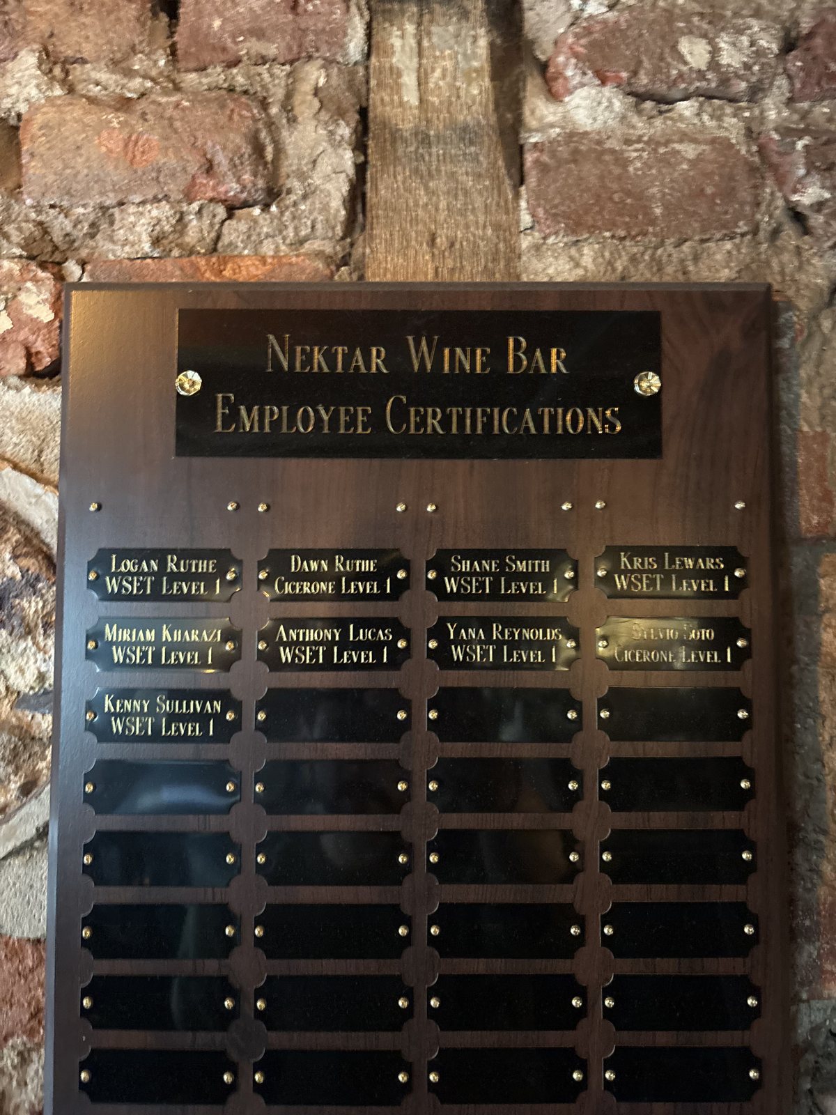 Nektar Wine Bar employee certifications.
